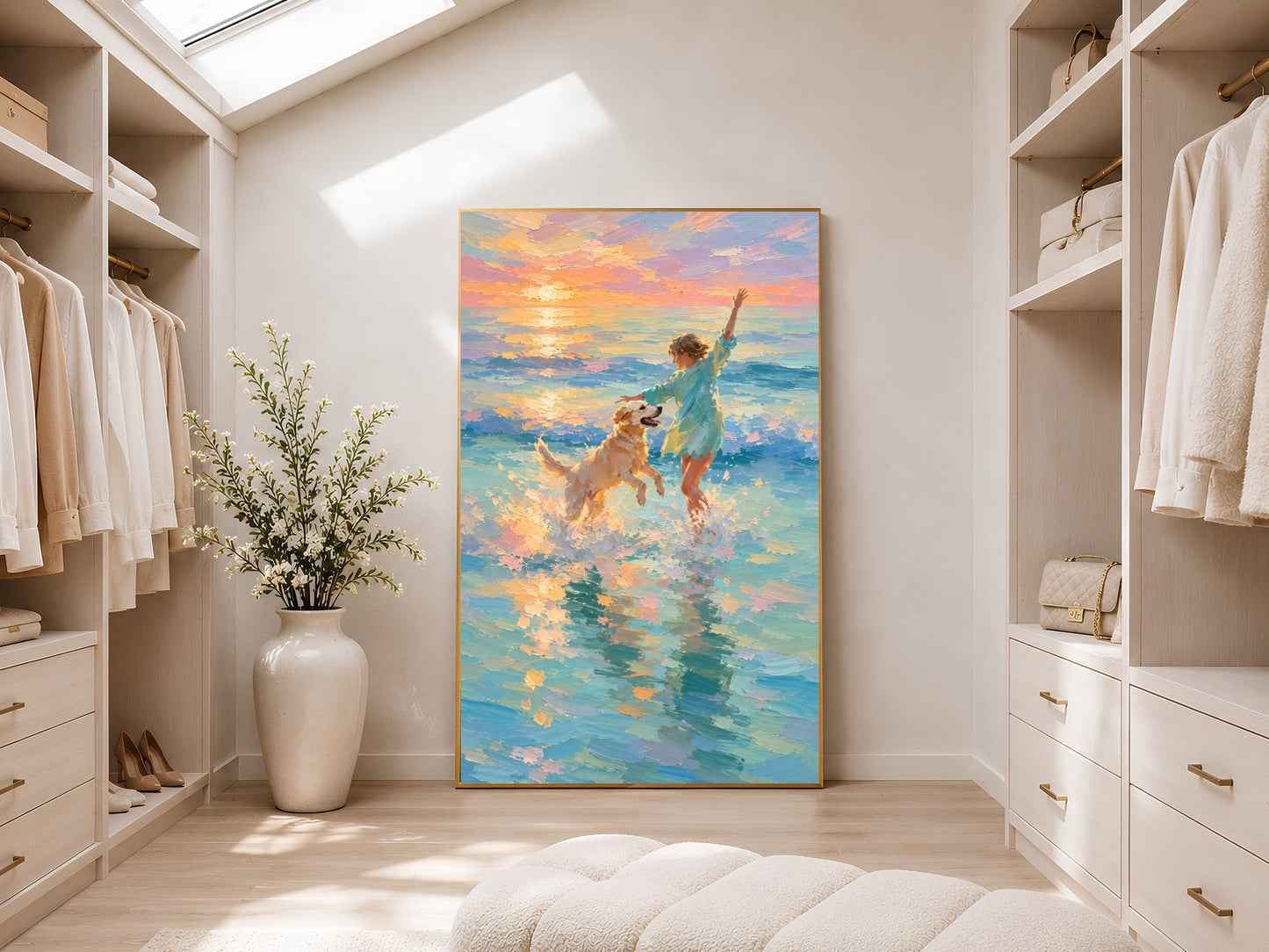 Girl and golden retriever beach sunset impasto painting in a gold frame displayed in a bright white walk-in wardrobe with warm natural light, neutral shelving, and large plant
