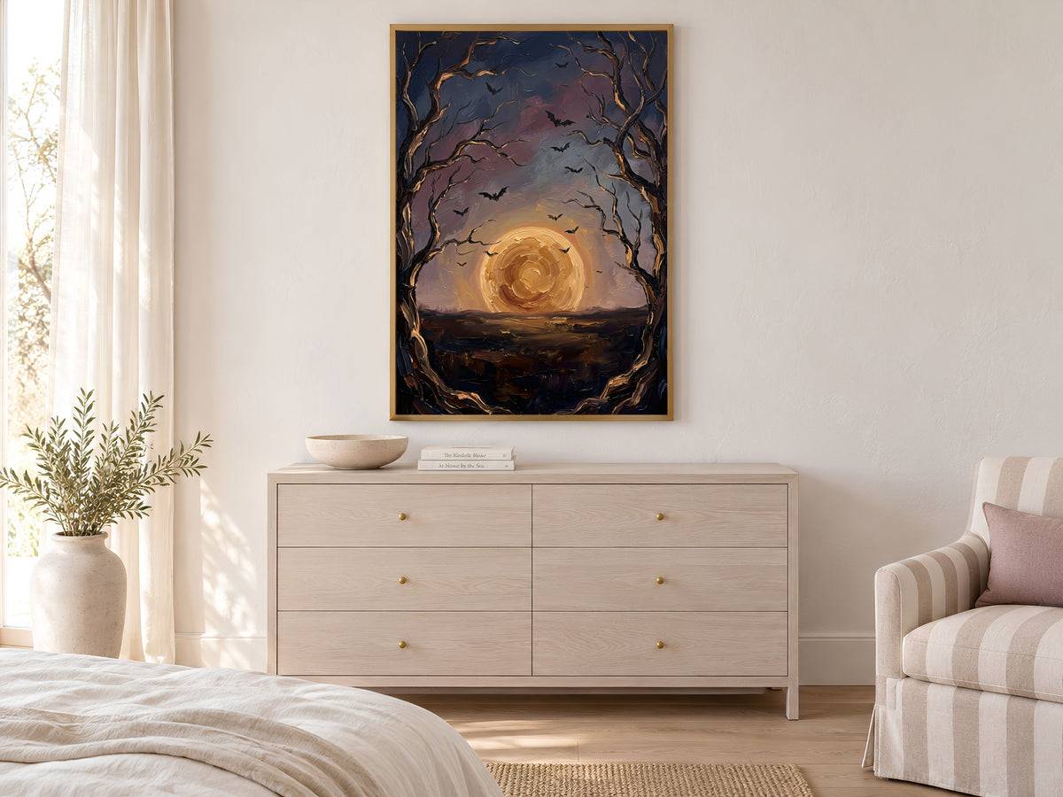 Moon and Bats Wall Art, Impasto Oil Painting Print - Digital Download