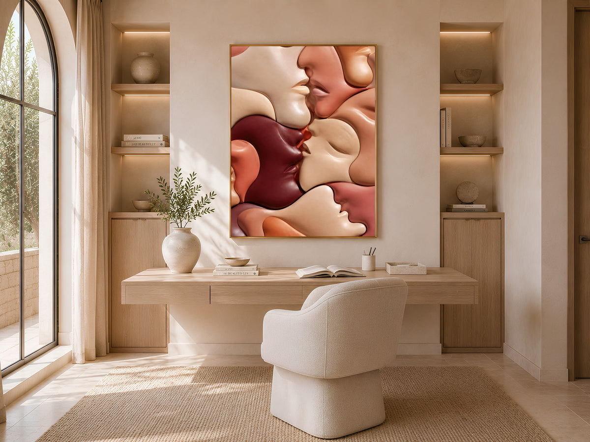 Abstract Kissing Faces Wall Art, Warm Terracotta Couple Print - Digital Download