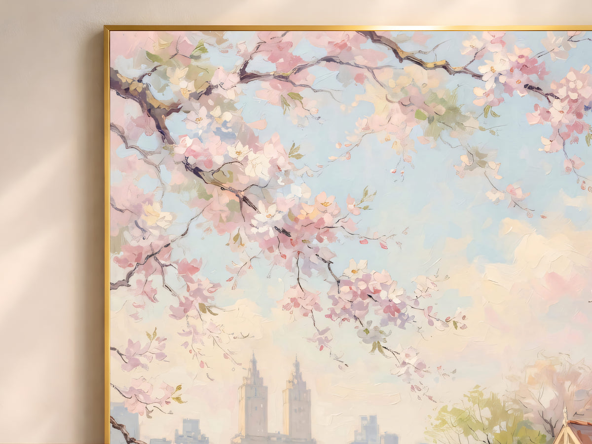Central Park Cherry Blossom Wall Art, Boathouse Oil Painting Print - Digital Download