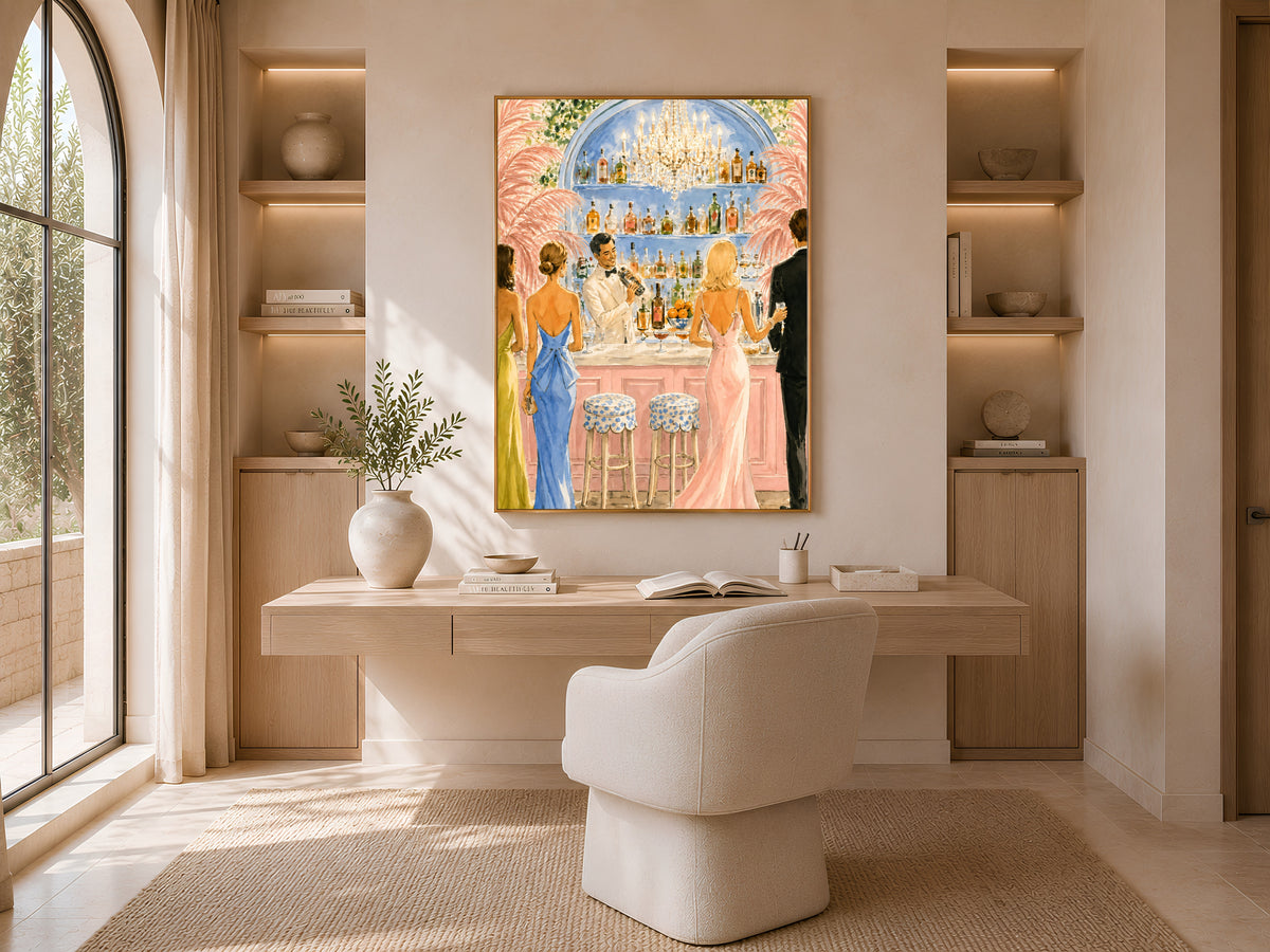 Riviera Cocktail Bar Wall Art, Preppy Pink Watercolor Print - Digital Download