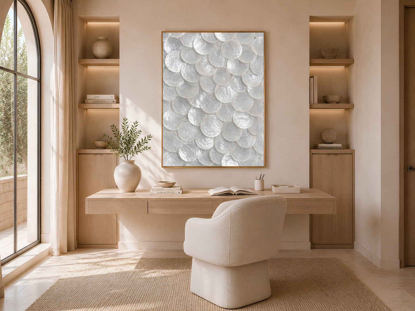White capiz shell print in a gold frame displayed in a home office with a desk, chair, and built-in shelving.