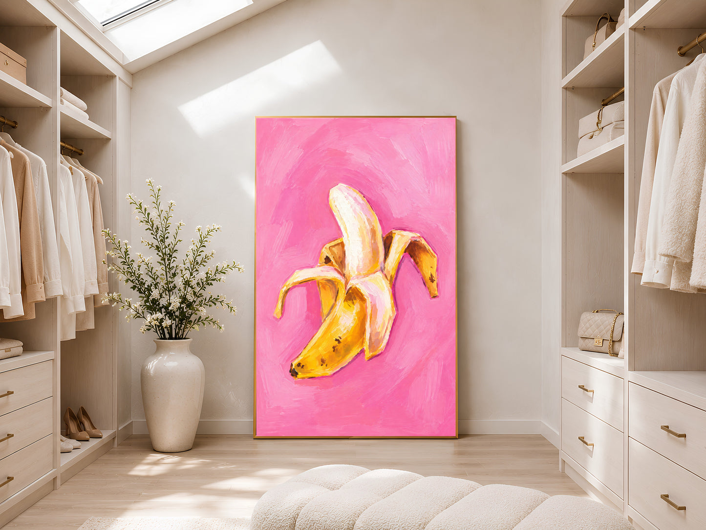 Large framed impasto peeled banana print leaning against white wardrobe wall in bright sunlit dressing room
