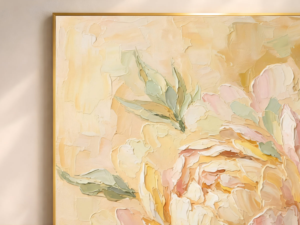 Butter Yellow Peony Wall Art, Blush Pink Impasto Floral Print - Digital Download