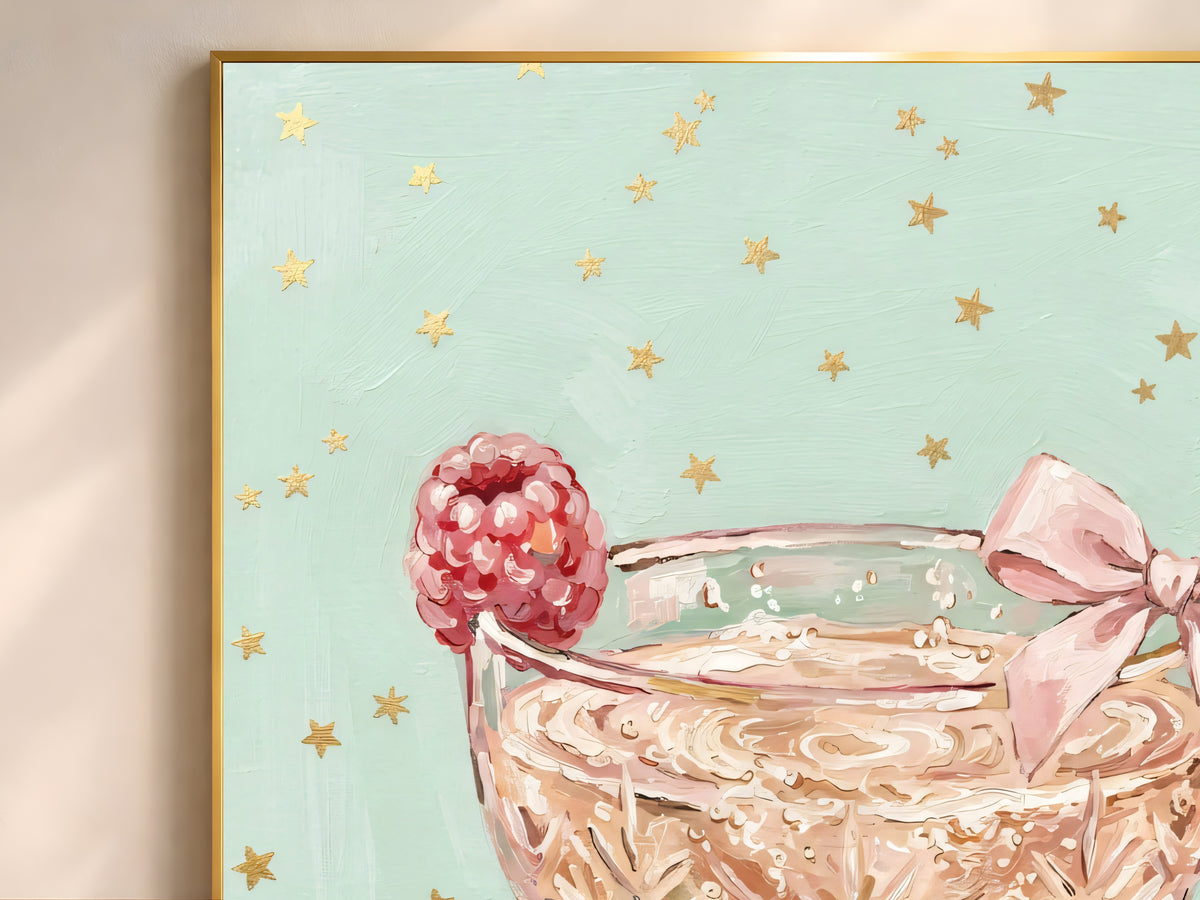 Champagne Coupe Wall Art, Pink Bow Coquette Oil Painting Print - Digital Download