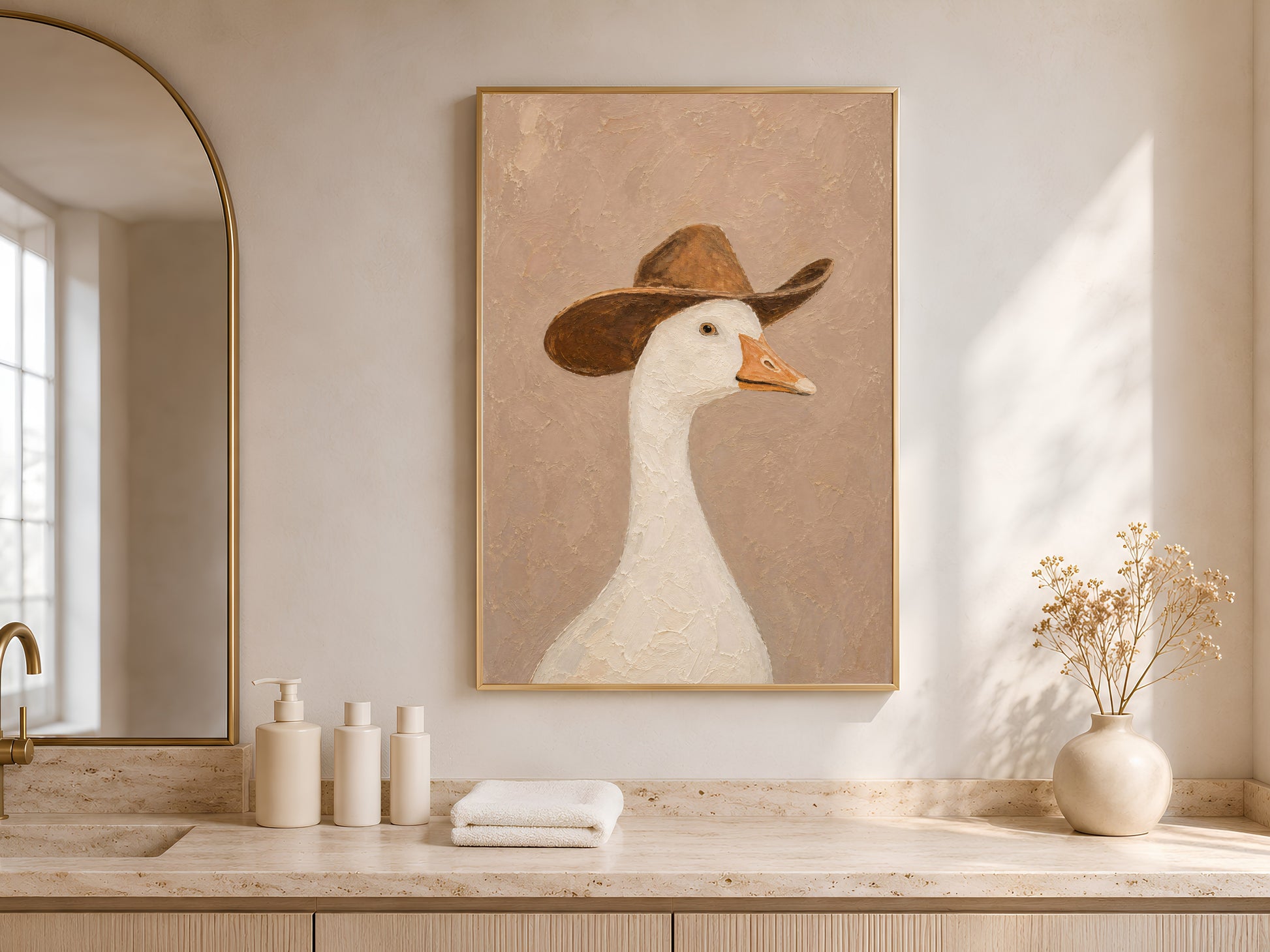 Framed cowboy goose print on a warm oak sideboard with white ceramic vessels beside an arched window with soft natural light
