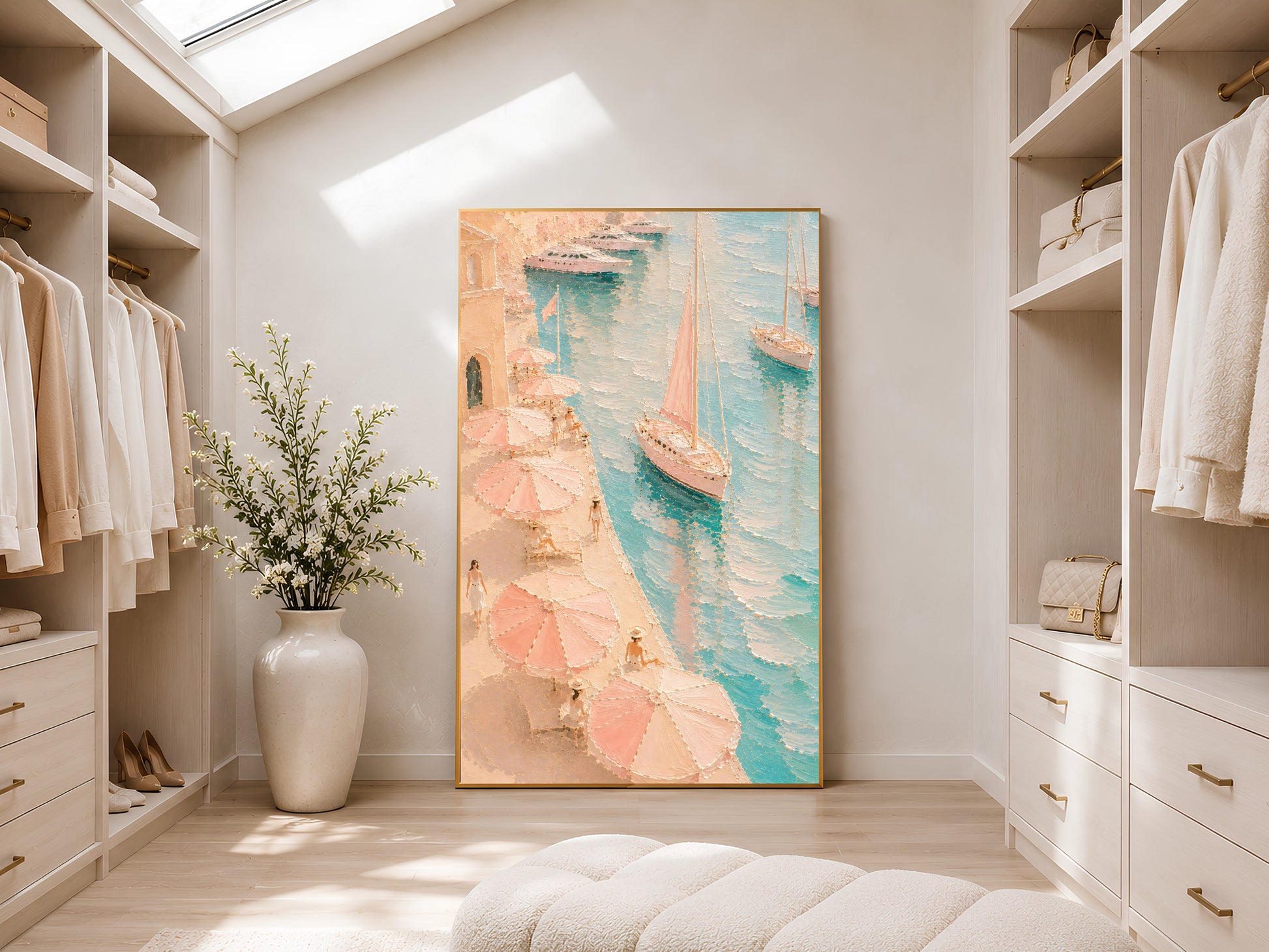Framed Mediterranean harbor impasto print in pink and teal displayed in a light-filled walk-in wardrobe with white shelving and natural light

