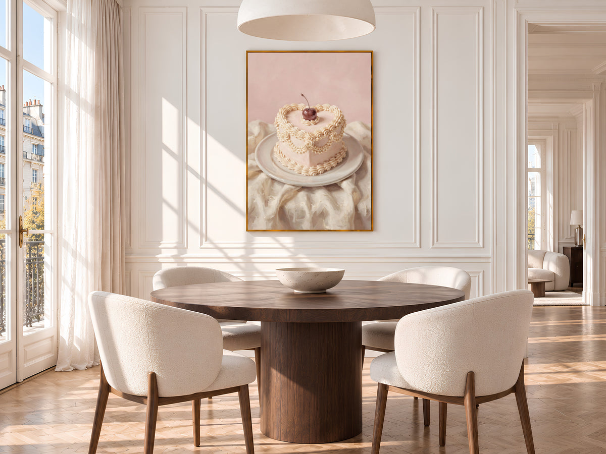 Vintage Heart Cake Painting Print, Pink Cherry Cake Still Life, Coquette Kitchen Art, Digital Download