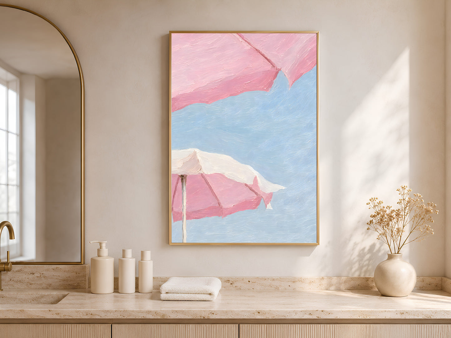 Pink beach umbrella impasto print in a thin wood frame displayed in a bright minimalist entryway with warm sand tones, neutral ceramic vases, and soft natural light
