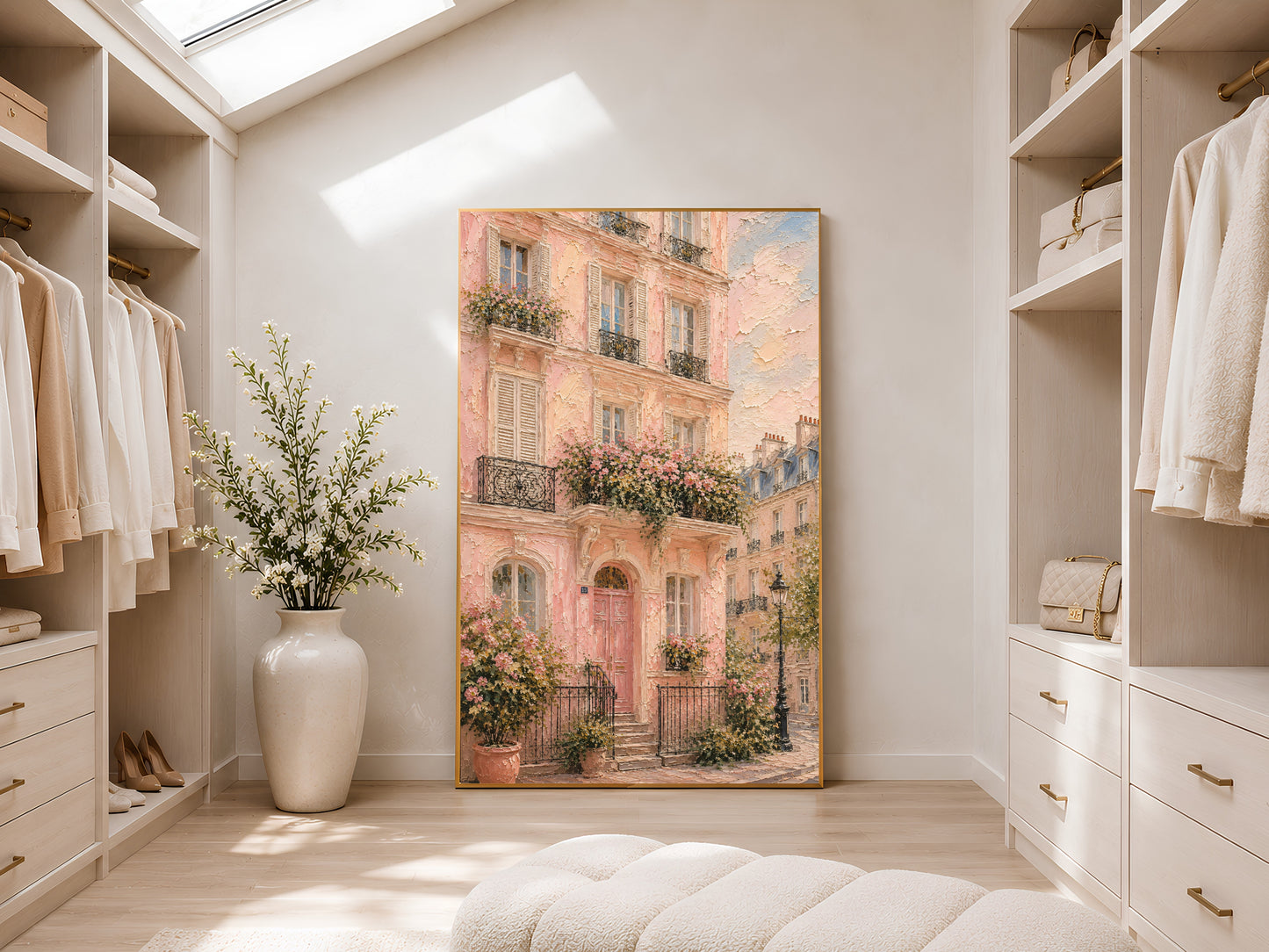 Framed pink Paris building painting print displayed in a light-filled walk-in wardrobe with white shelving, tall ceilings and natural light
