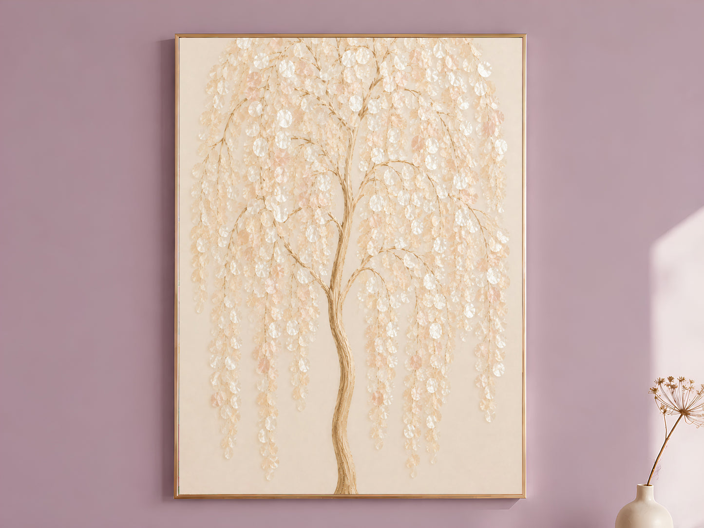 Weeping willow capiz shell wall art print in a thin gold frame on a dusty lilac wall
