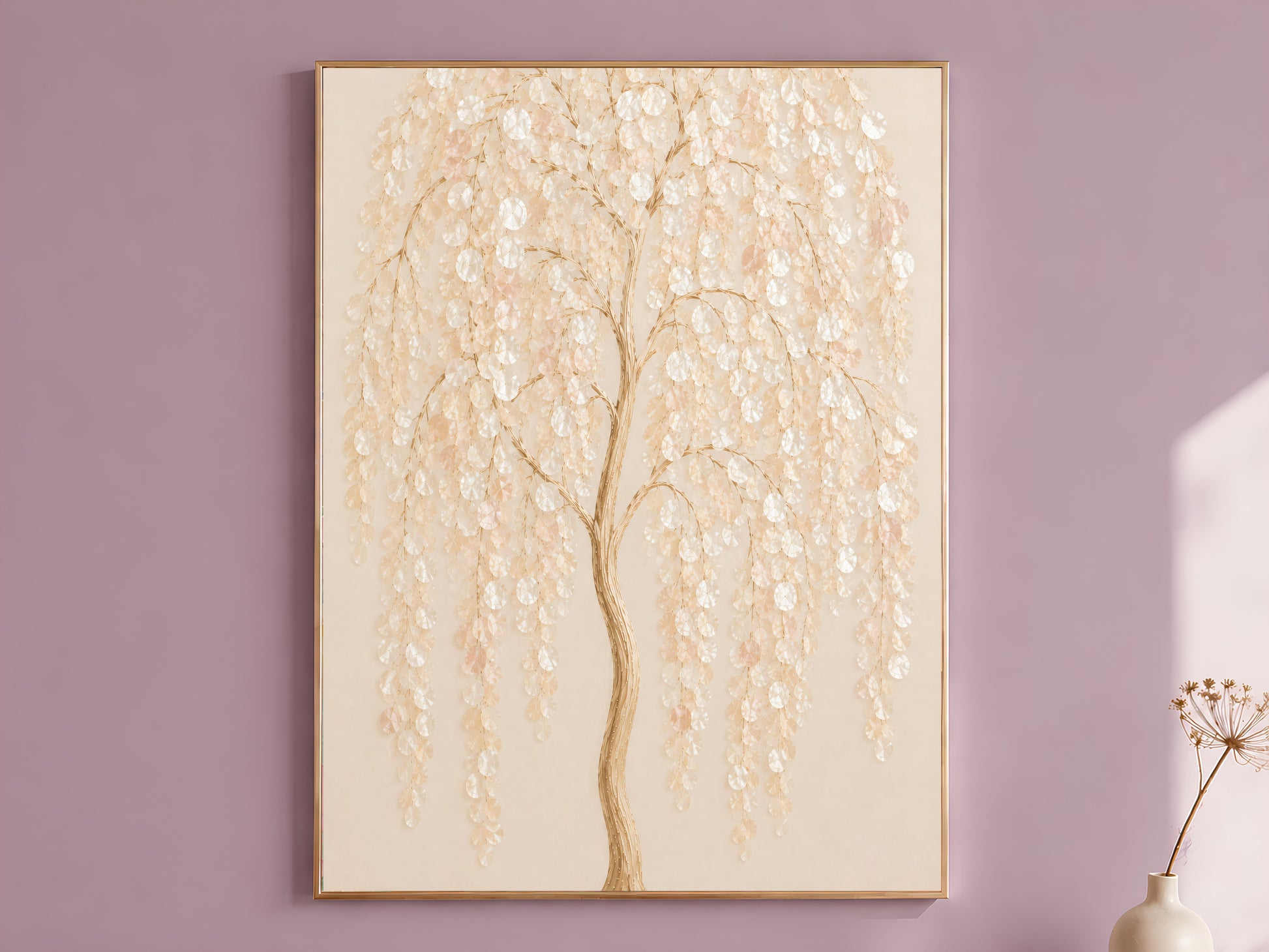 Weeping willow capiz shell wall art print in a thin gold frame on a dusty lilac wall
