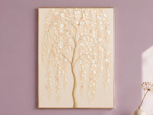 Weeping willow capiz shell wall art print in a thin gold frame on a dusty lilac wall
