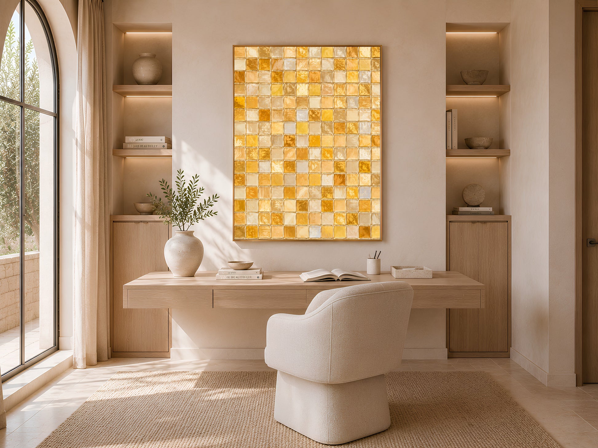 Gold mosaic wall art framed in a home office nook with built-in shelving, a desk, and arched windows
