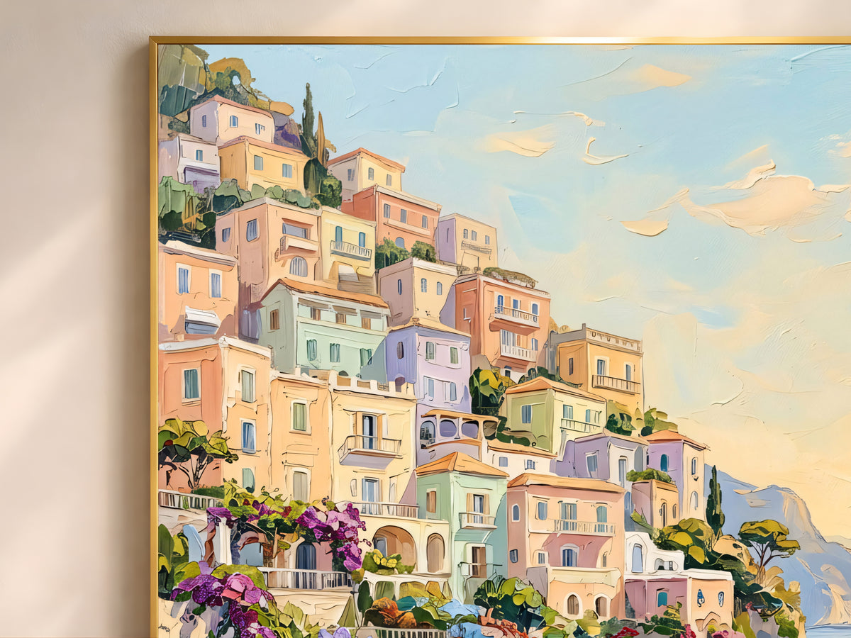 Positano Wall Art, Amalfi Coast Beach Club Oil Painting Print - Digital Download