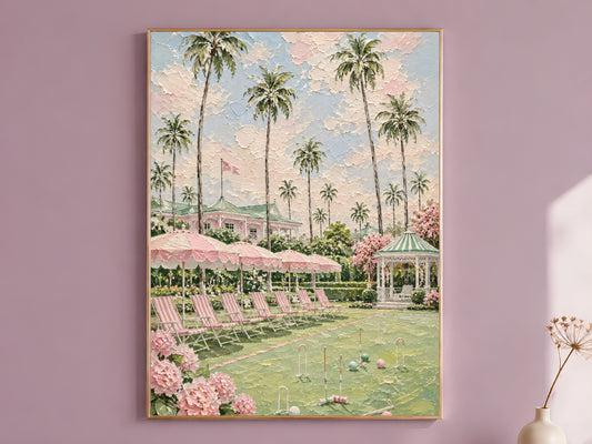 Pink preppy resort palm tree painting in a thin gold frame on a dusty lilac wall
