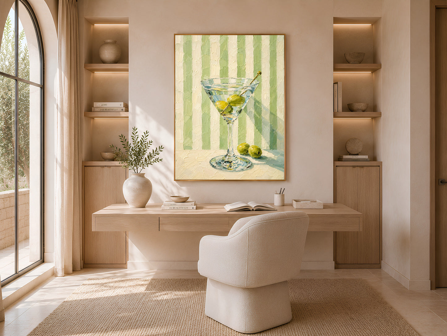 Martini glass print in gold frame above a desk nook with wood shelving

