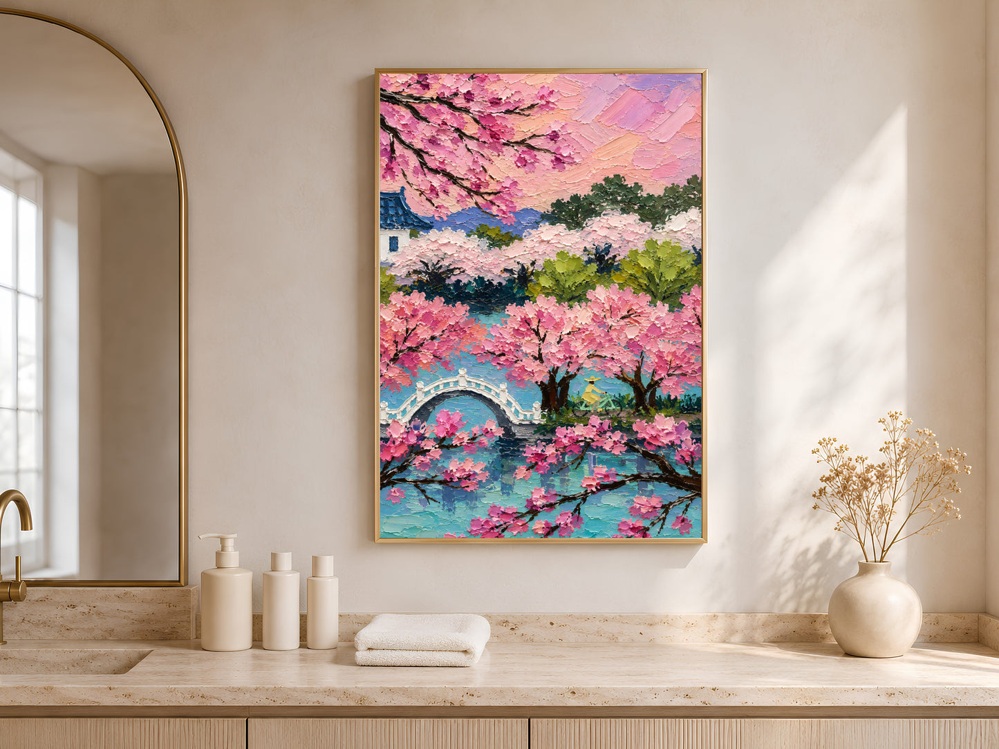 Cherry blossom sakura landscape print in gold frame in bright entryway with arched niche and neutral vases
