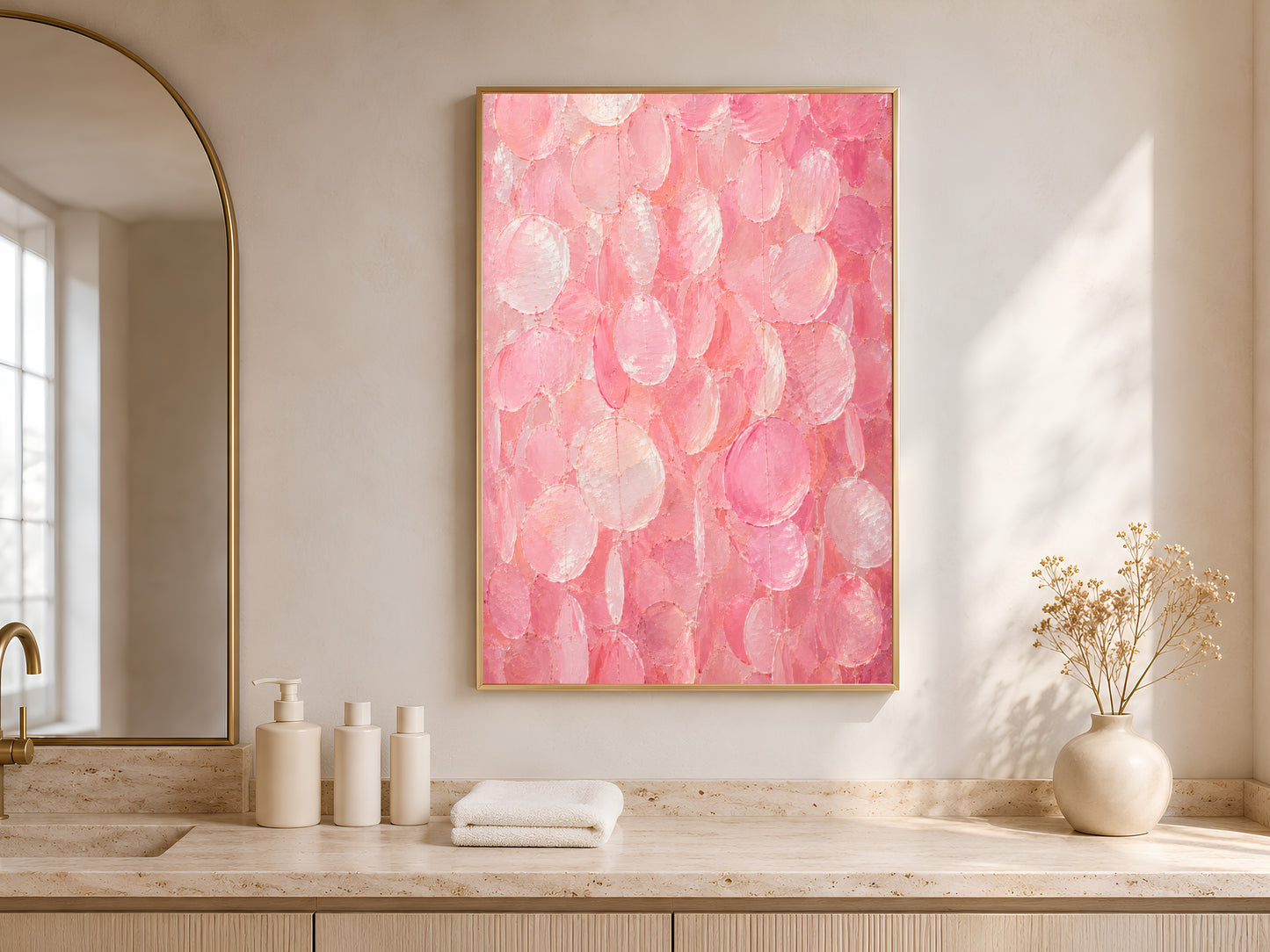 Pink capiz shell wall art print in a gold frame leaning against a cream shelf in a bright minimal room with an arched window and white ceramic vases
