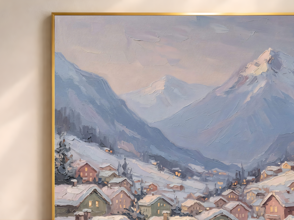 Alpine Christmas Village Wall Art, Snowy Mountain Town Print - Digital Download