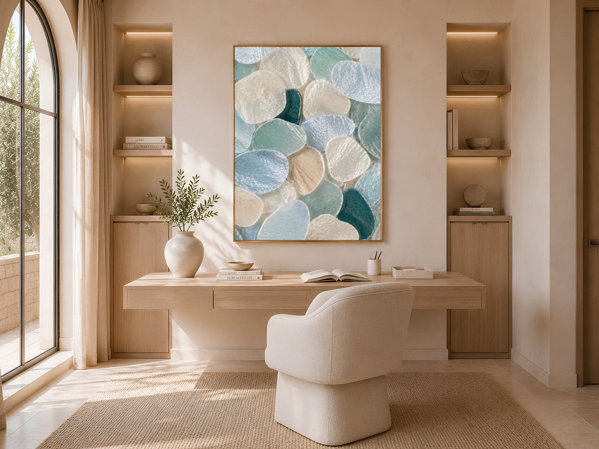 Teal Sea Glass Capiz Shell Wall Art, Deep Blue Ombre Print - Digital Download