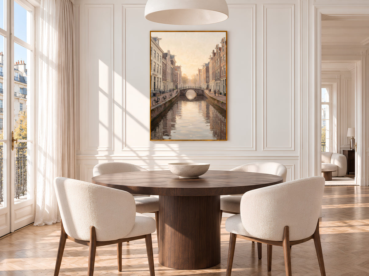 Dutch Canal Painting Print, Soft Golden Hour City Art, Neutral European Canal Wall Art, Printable Digital Download