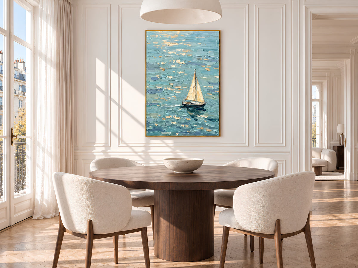 Sailboat Painting Print, Turquoise Ocean Wall Art with Single Sailboat, Textured Impasto Style Seascape, Coastal Printable, Digital Download
