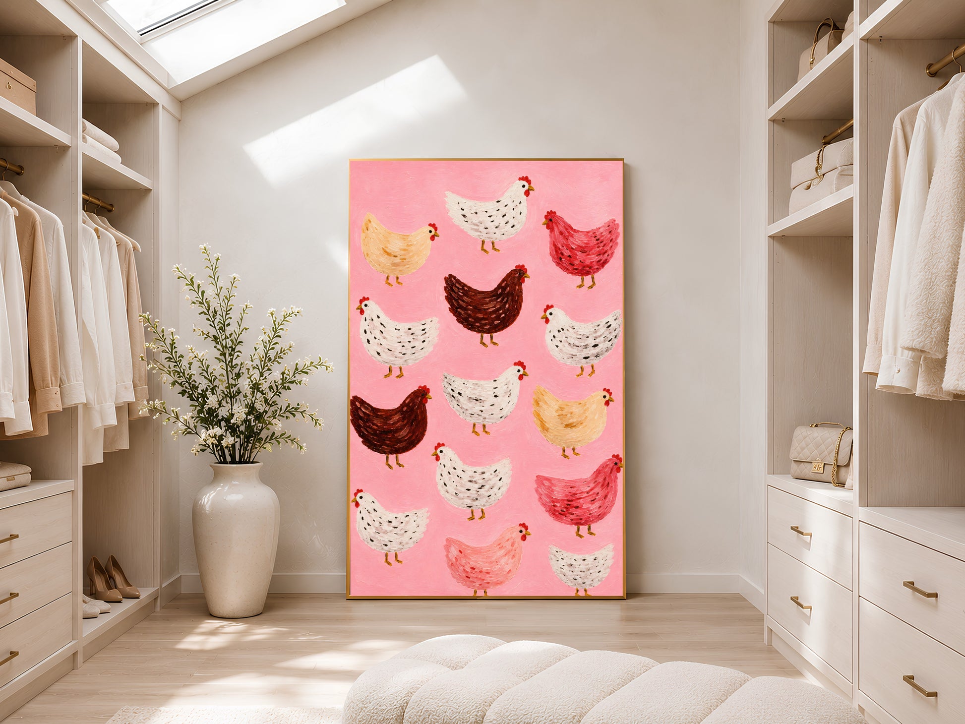 Large framed impasto flock of chickens print leaning against white wardrobe wall in bright sunlit dressing room
