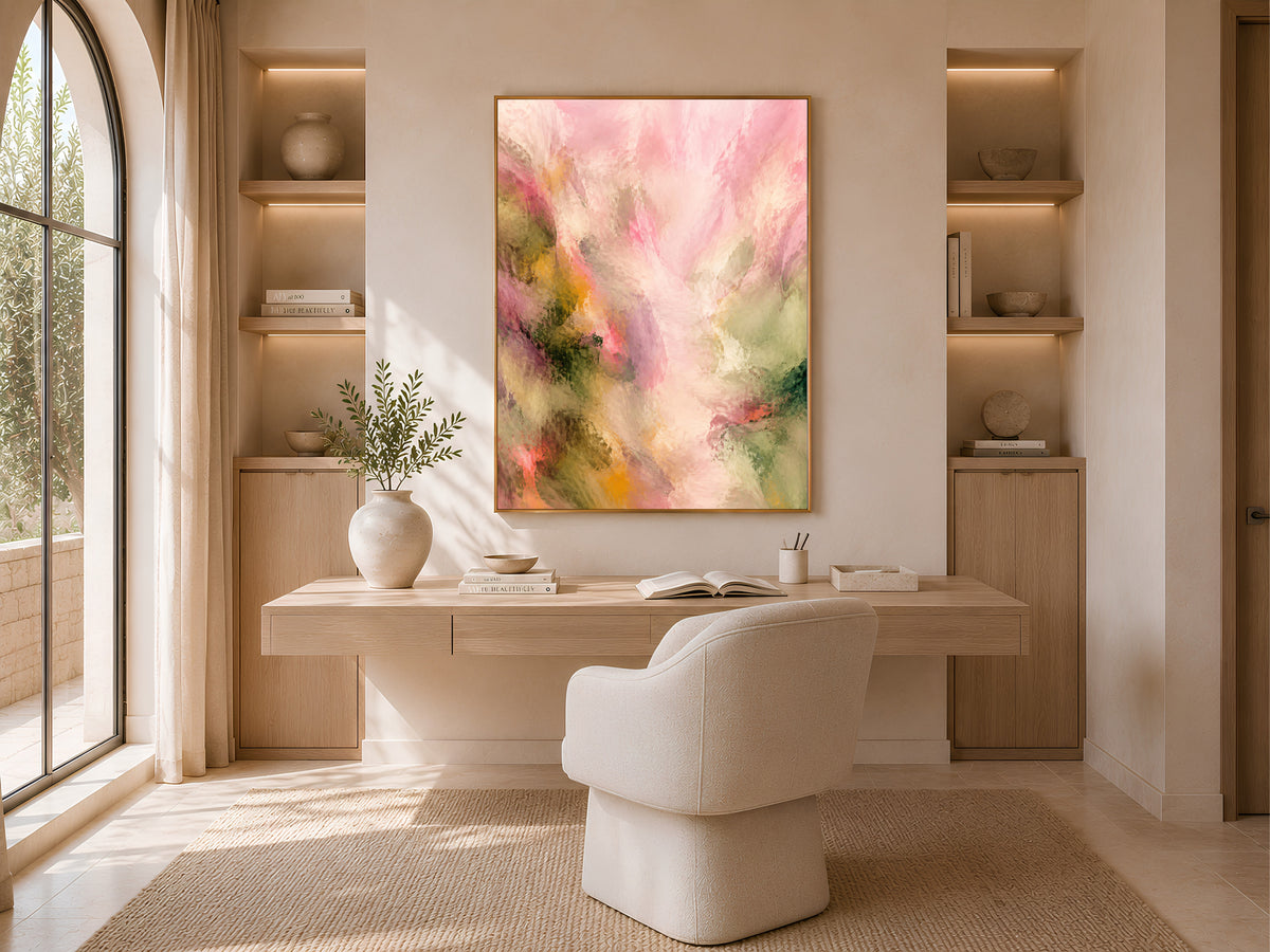 Pink Green Abstract Wall Art, Impressionist Floral Print - Digital Download