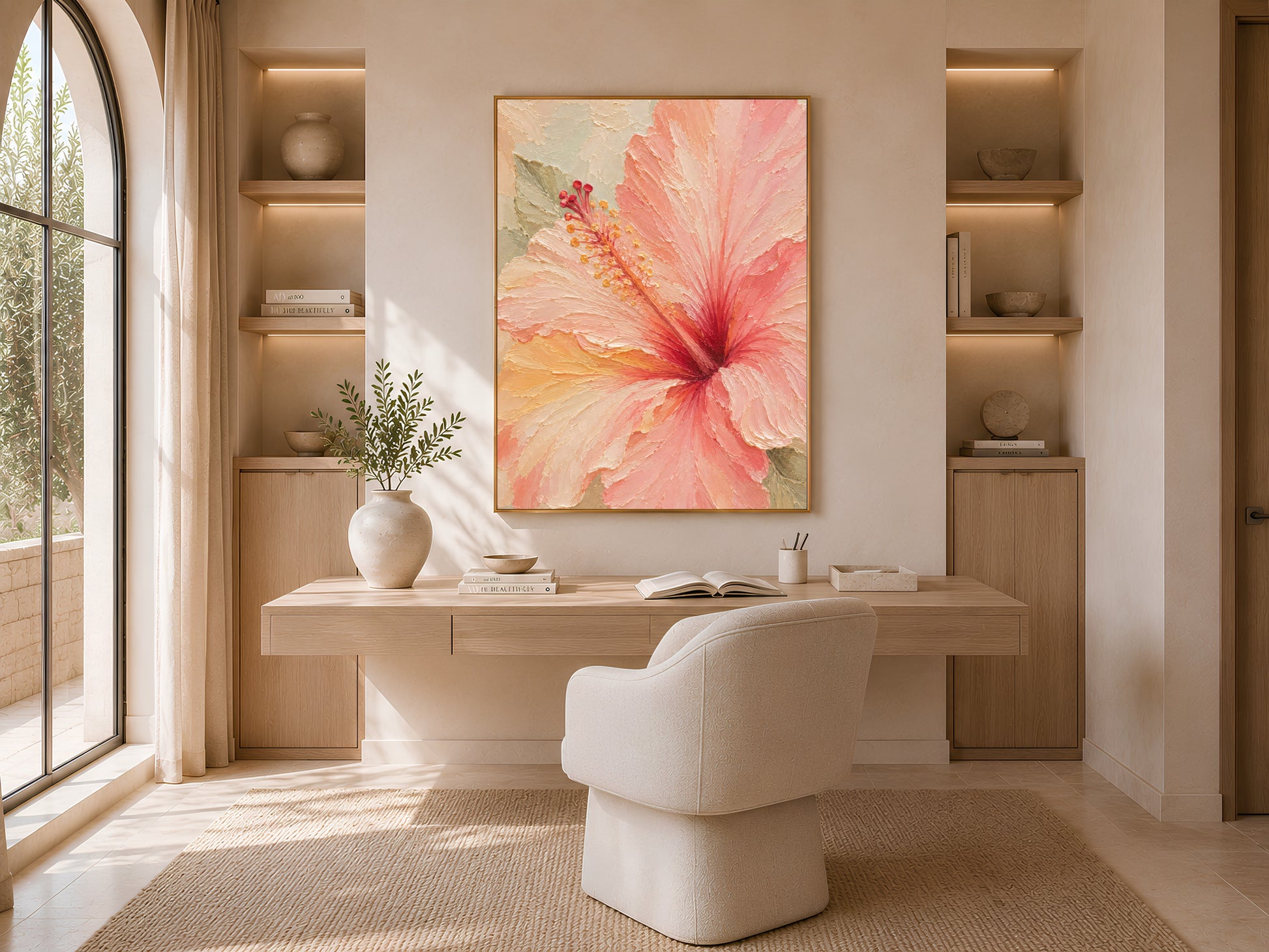 Framed hibiscus wall art above a built-in desk nook with a woven chair and large windows