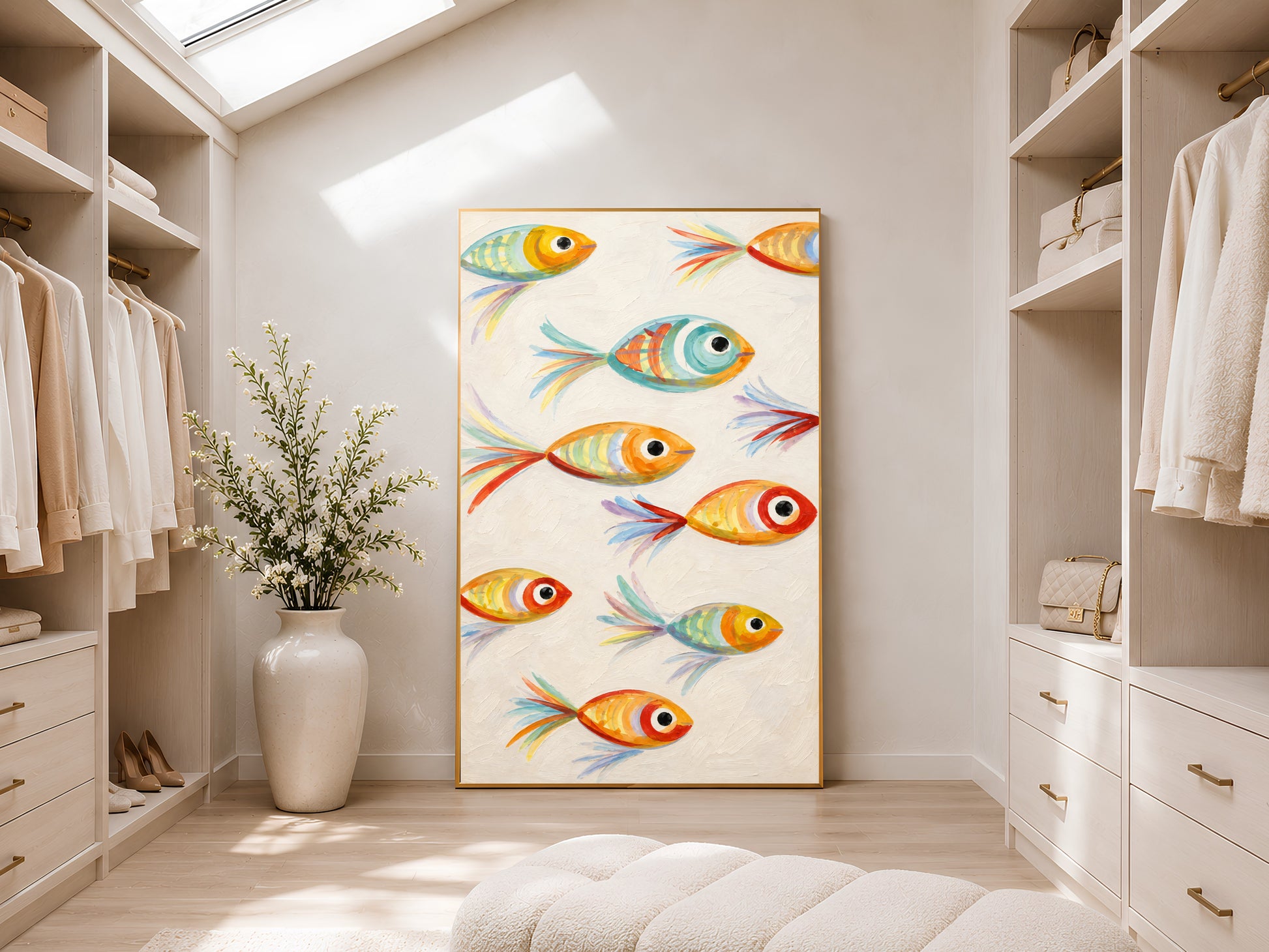 Large framed impasto whimsical fish print leaning against white wardrobe wall in bright sunlit dressing room
