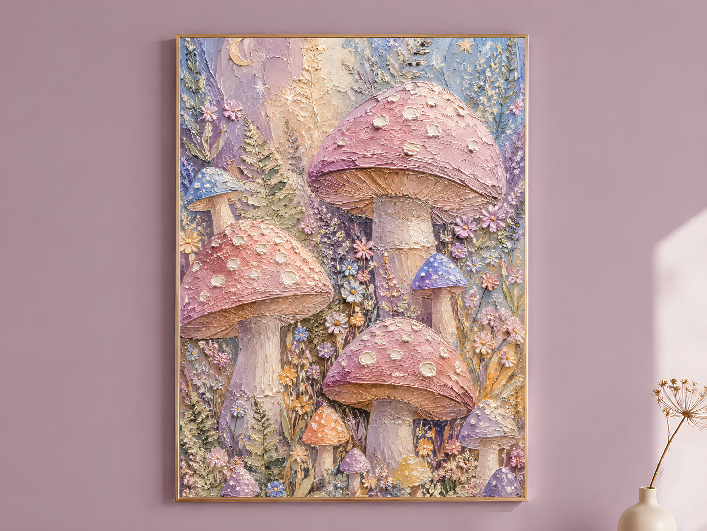 Pastel mushroom impasto wall art in gold frame on mauve wall with dried flower stems beside it
