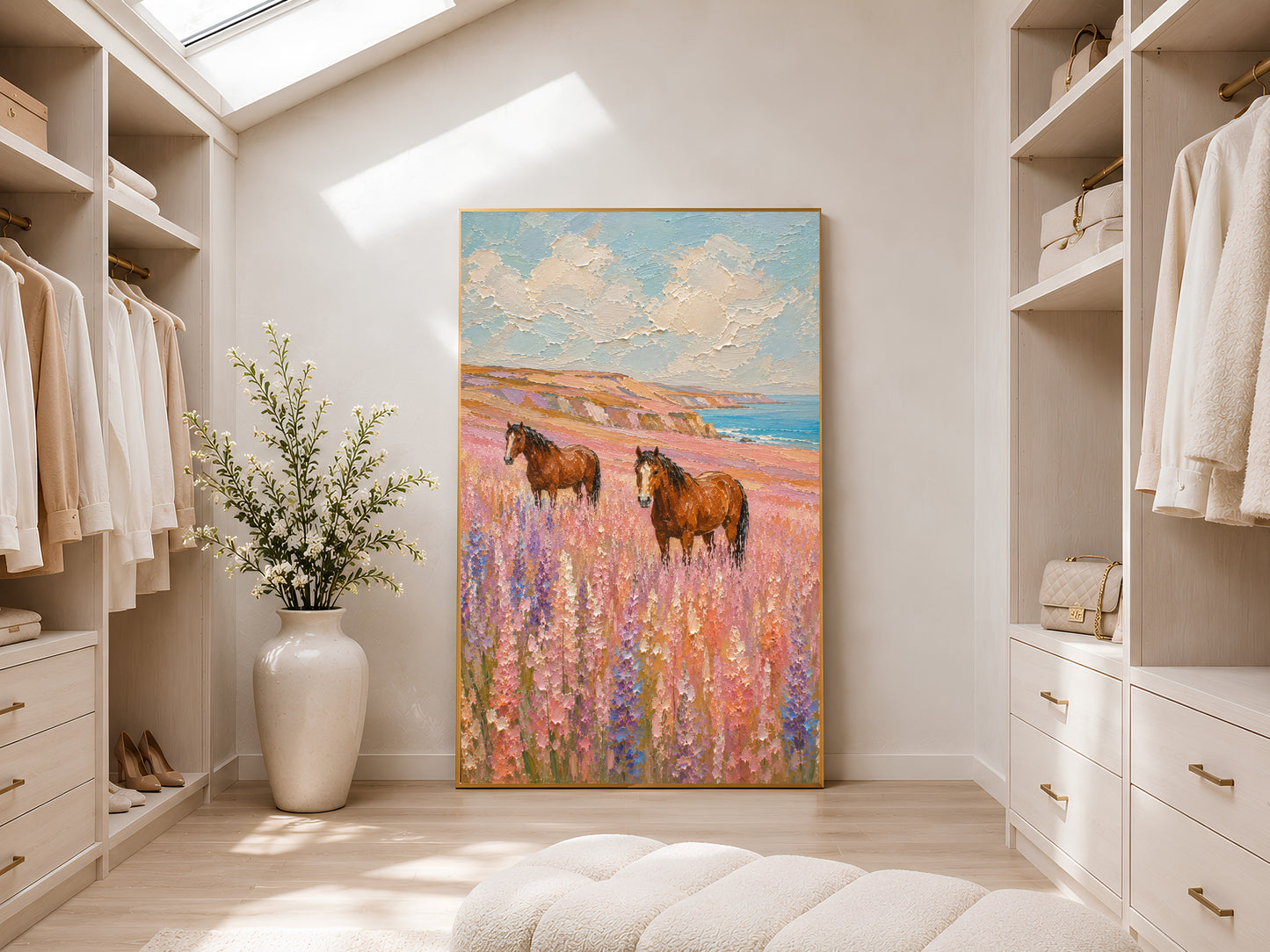 Two chestnut horses in a lavender and pink wildflower coastal meadow impasto painting in a gold frame displayed in a bright white walk-in wardrobe with warm natural light and neutral shelving
