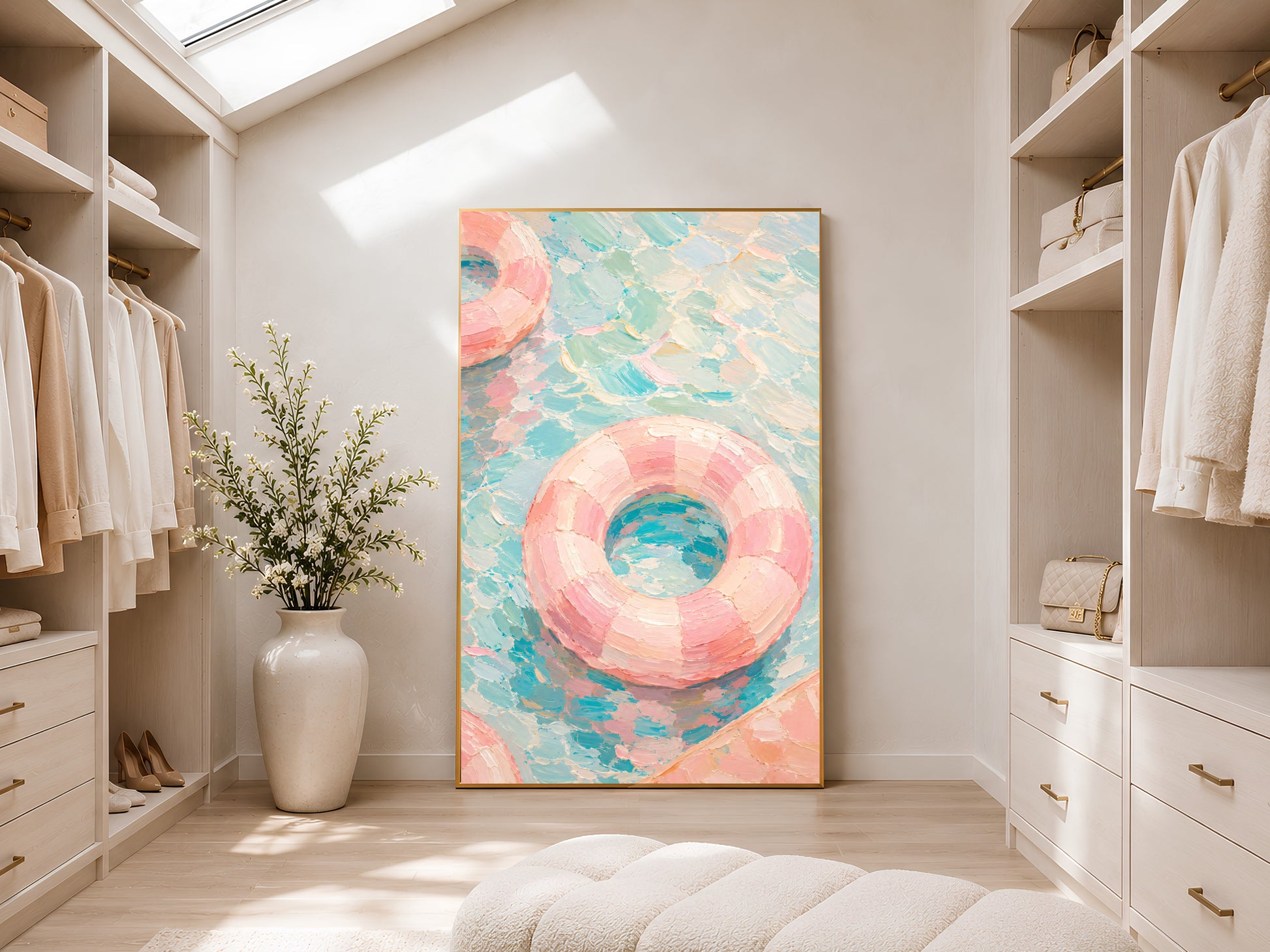 Pink pool ring art print in gold frame displayed in a bright neutral walk-in wardrobe with open shelving and skylight