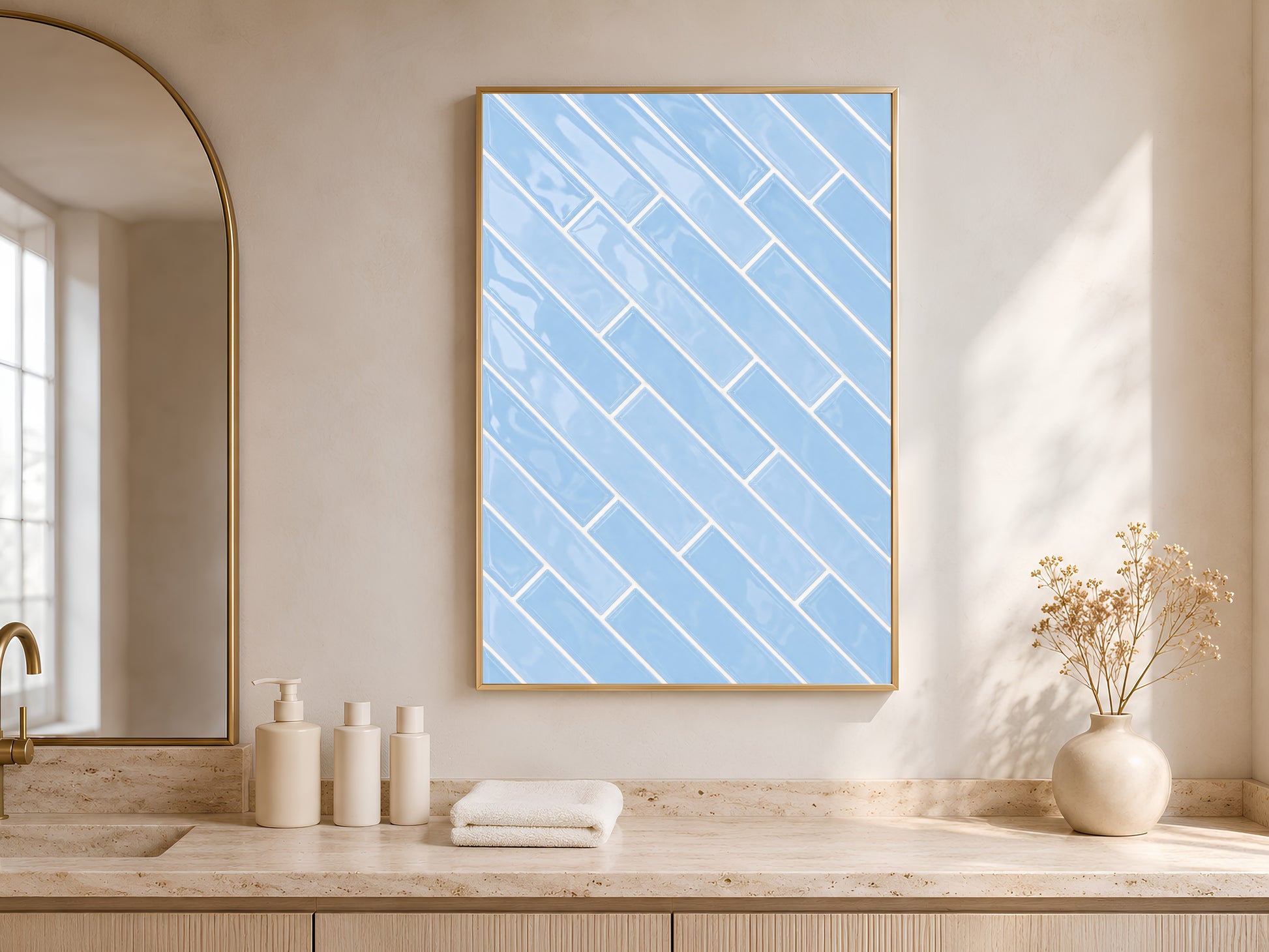 Blue herringbone tile wall art print in a gold frame in a bright minimal room with cream flooring, white ceramic vases, and an arched window

