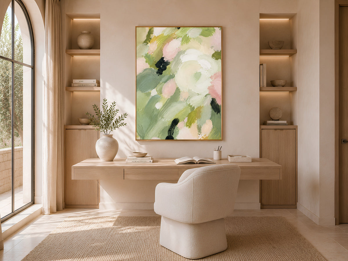 Sage Green Abstract Floral Painting, Blush Pink Botanical Wall Art - Digital Download