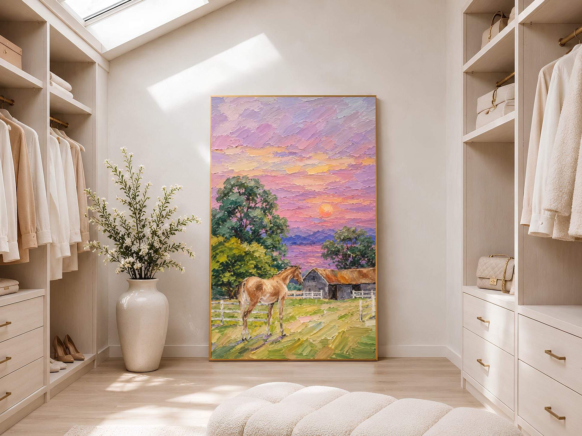 Farmhouse horse sunset impasto oil painting print in a gold frame leaning against a warm white wall with dried botanicals, showing the full painting with chestnut horse, white fencing, grey barn, green trees, and lavender pink orange sunset sky
