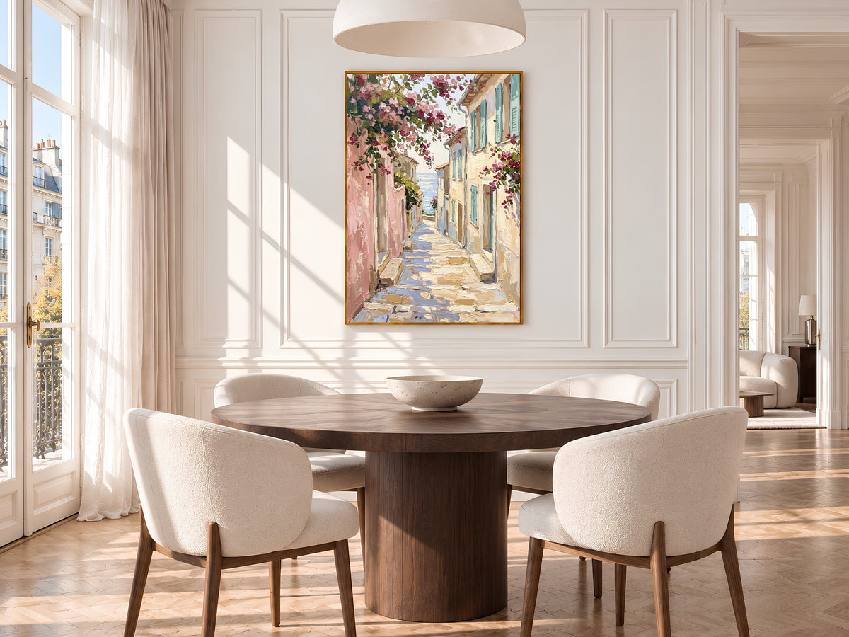 Mediterranean Street Painting Print, Pink Bougainvillea Alley with Sea View, Coastal Village Wall Art, Printable Digital Download