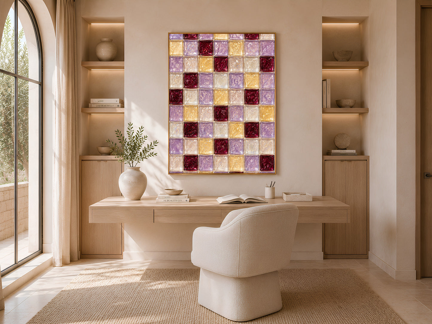 Lilac and gold tile print framed above a desk in a sunlit home office