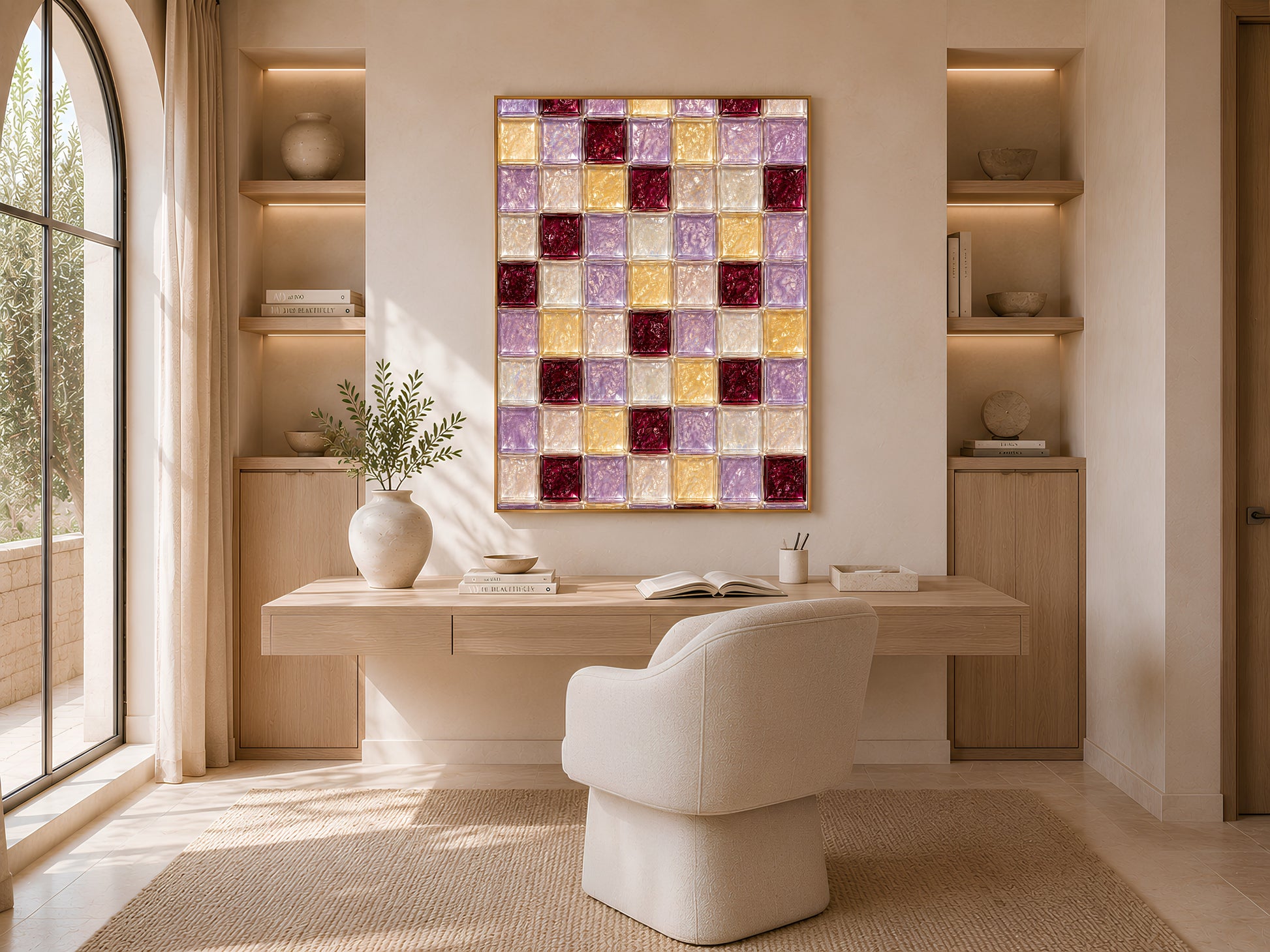 Lilac and gold tile print framed above a desk in a sunlit home office