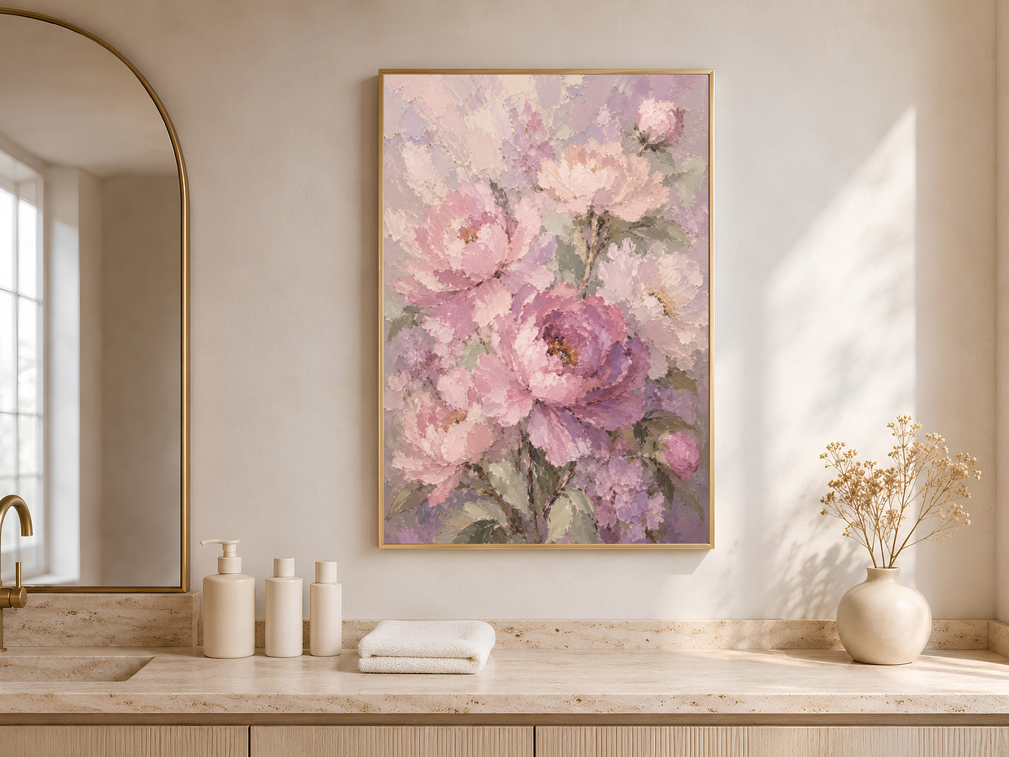 Blush peony impasto print in a wood frame displayed on a minimalist console table with warm neutral tones, ceramic vases, and soft natural light through tall arched windows
