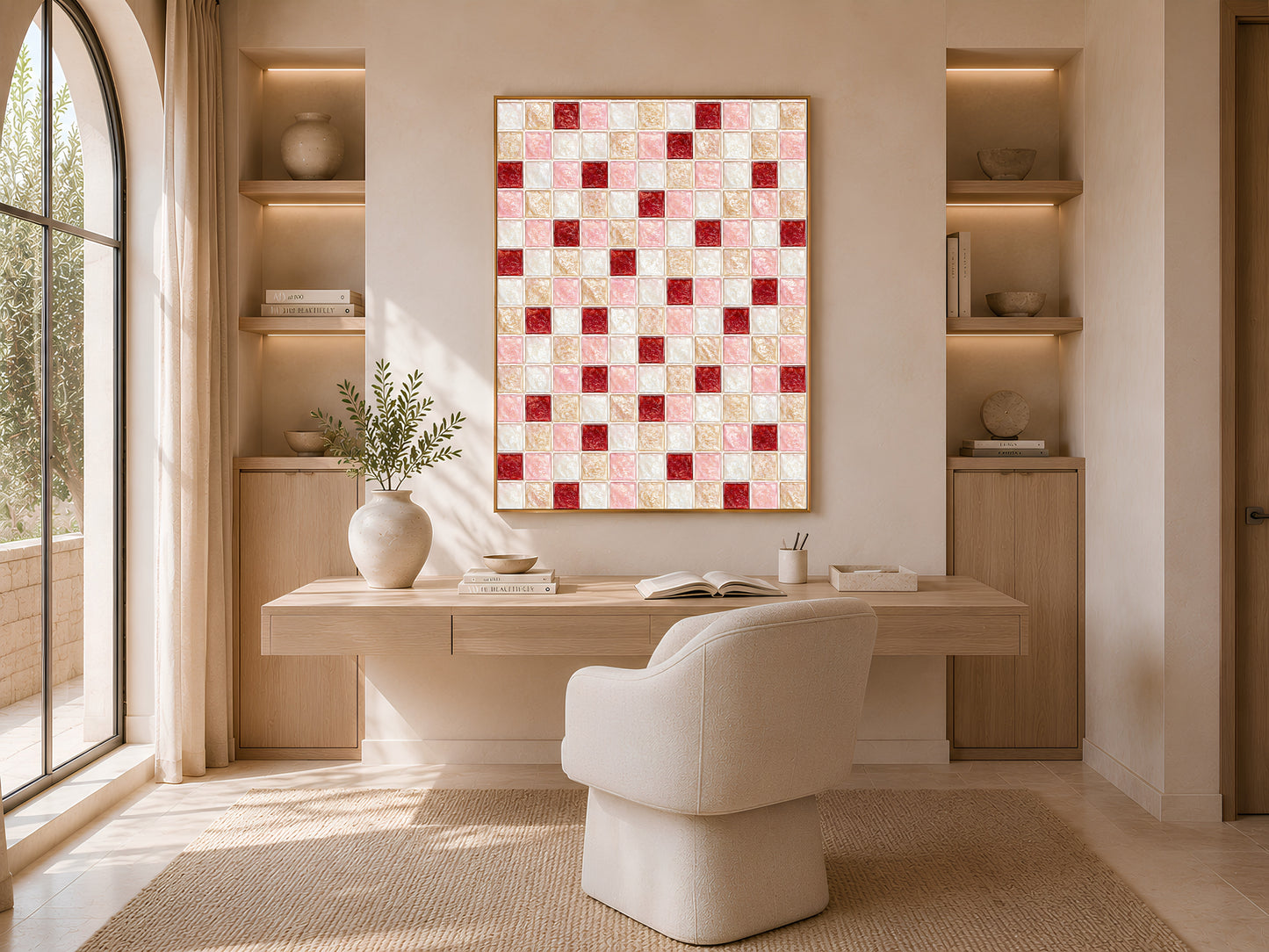 Pink red mosaic tile wall art print framed above a desk in a sunlit arched-window office