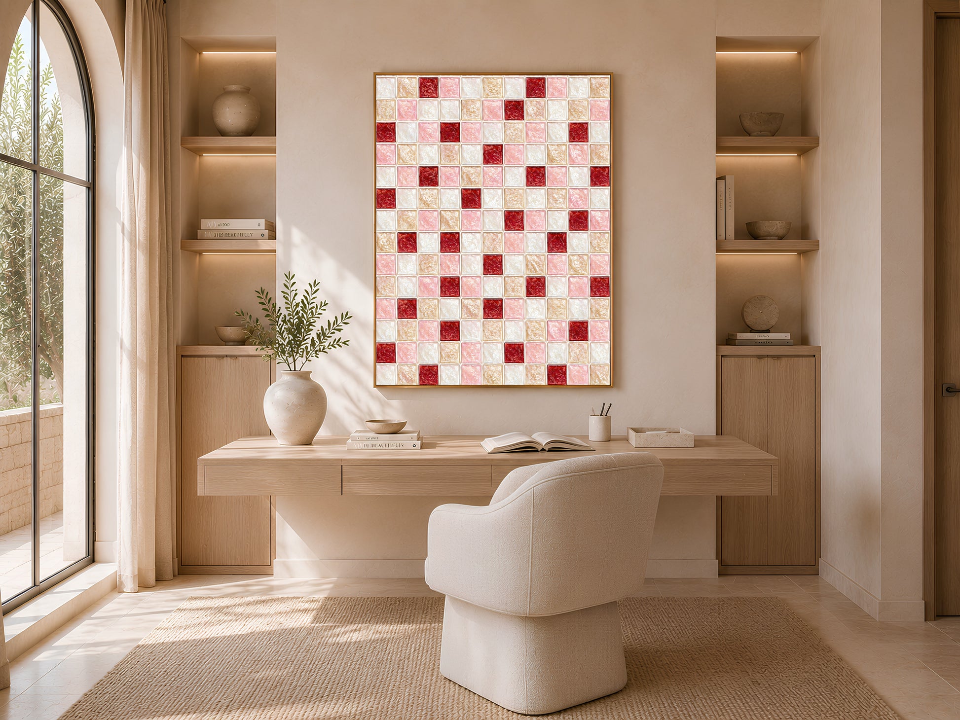 Pink red mosaic tile wall art print framed above a desk in a sunlit arched-window office