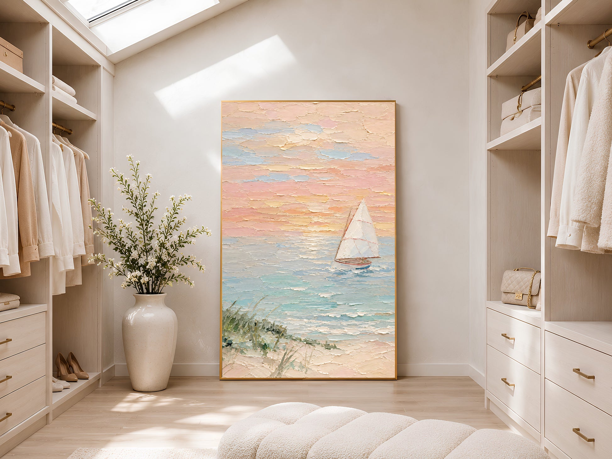 Framed pastel sailboat impasto print leaning in a bright walk-in wardrobe with skylight, white cabinetry, and large neutral ceramic floor vase
