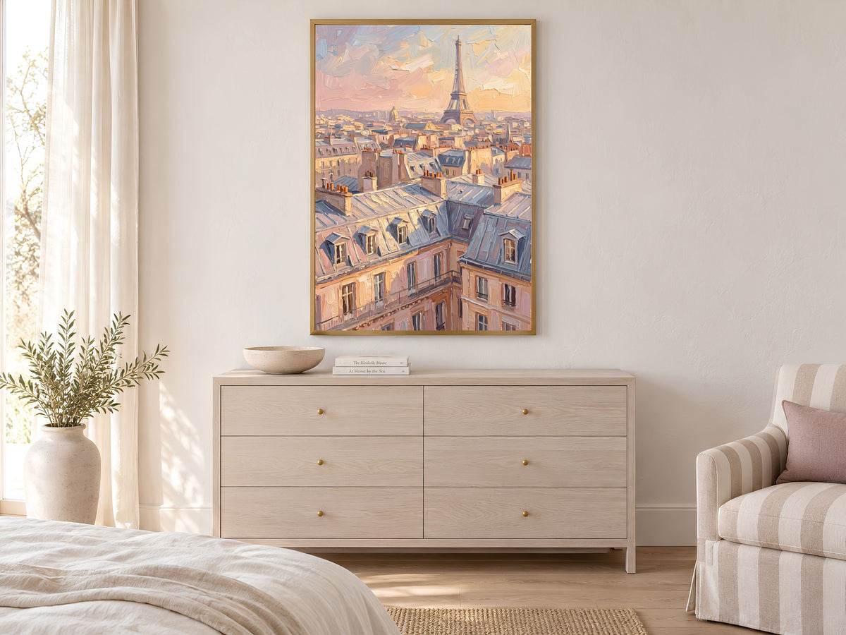 Paris Wall Art, Impasto Oil Painting Print, Eiffel Tower Sunset Rooftops - Digital Download