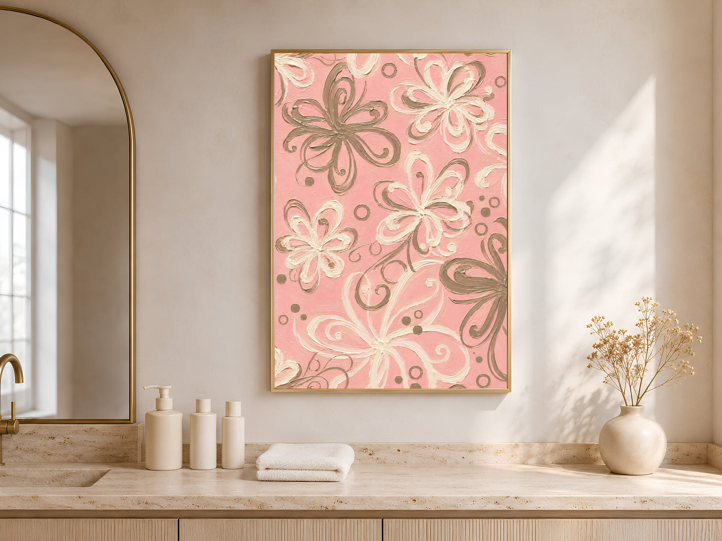 Pink retro swirl floral wall art in gold frame in bright entryway with white ceramic vases and soft shadows

