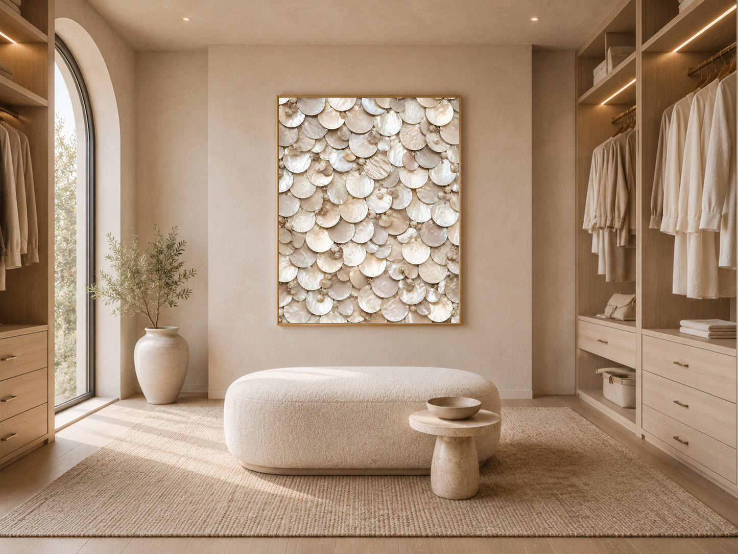 Champagne pearl wall art framed in a boutique-style dressing room with open closet shelving
