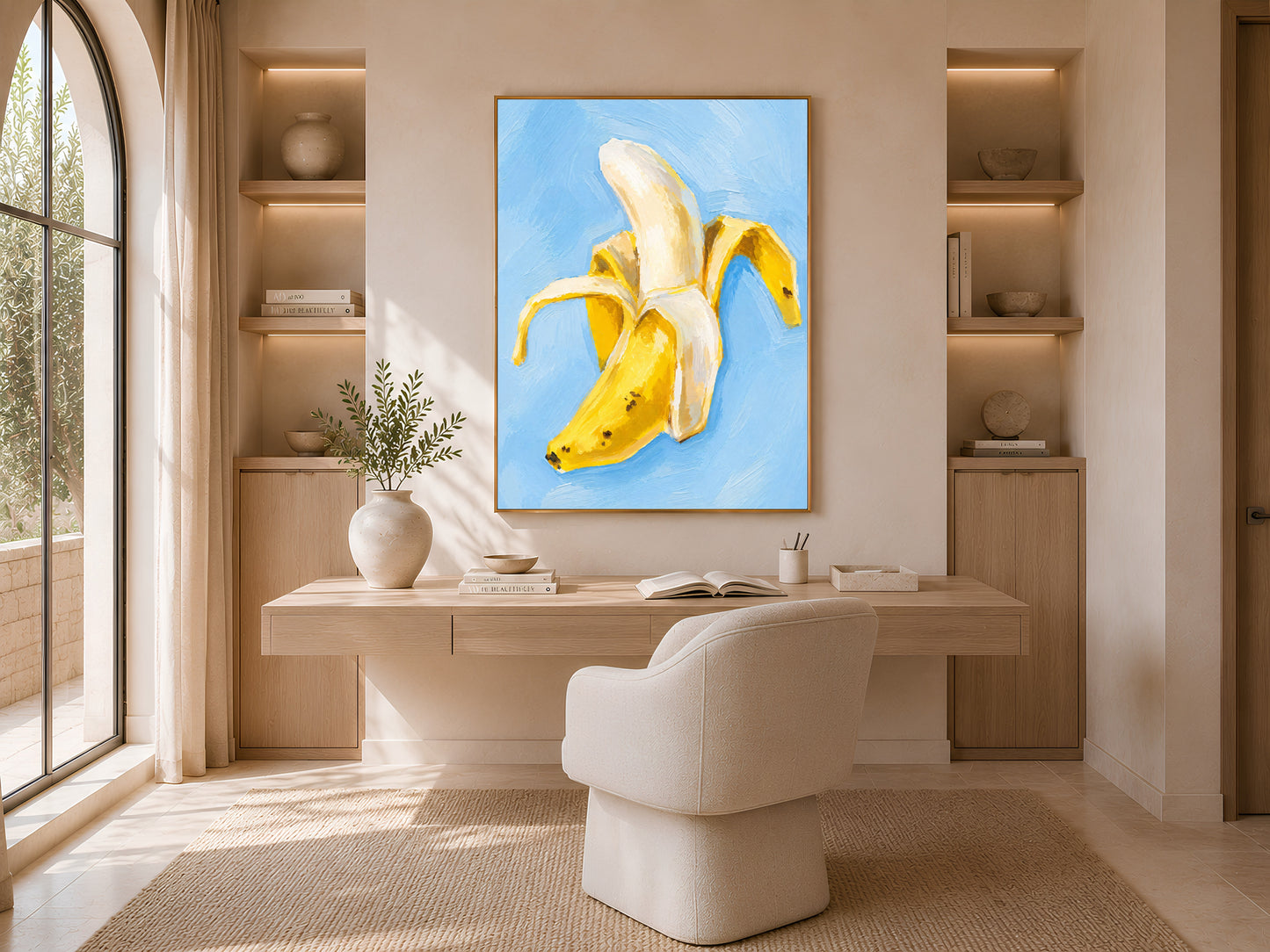 Banana still life painting framed above desk nook in neutral home office, light blue kitchen wall art