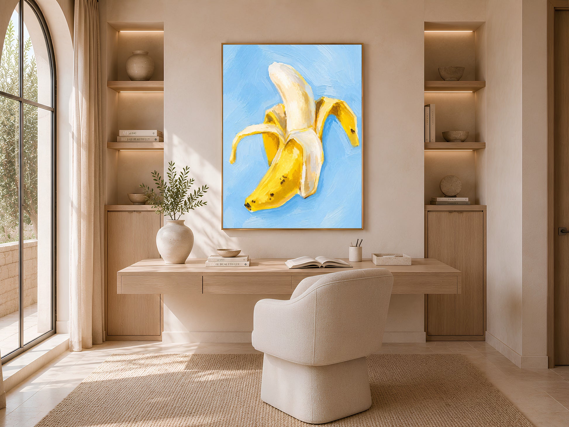 Banana still life painting framed above desk nook in neutral home office, light blue kitchen wall art