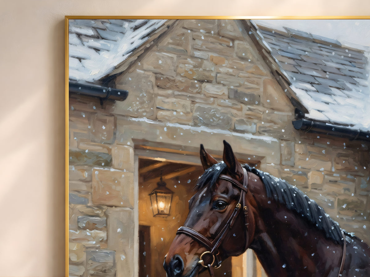 Equestrian Wall Art, Horse in Snow Oil Painting Print - Digital Download